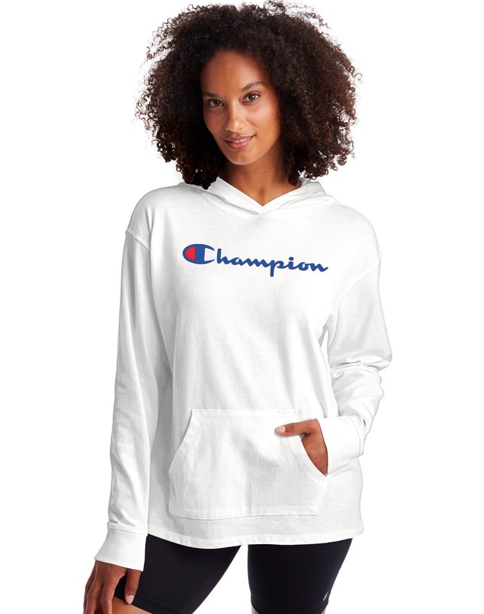 Champion Midweight Jersey Script Logo Kadın Kapşonlu Sweatshirt Beyaz ( JUMASD275 )